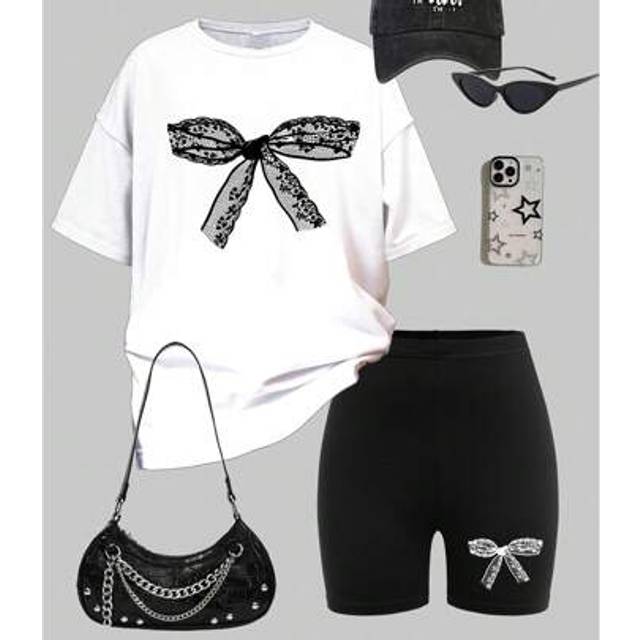 SHEIN 2pcs Cute & Sweet Lace Bow Print Tween Girls Casual Simple Short Sleeve T-Shirt And Shorts Set, Suitable For Summer SummerÂOutfits
