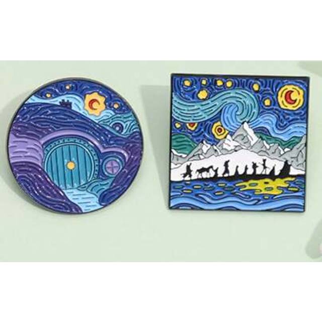 SHEIN 2pcs Art Oil Painting Enamel Pins Creative Cartoon Starry Sky Van Gogh Metal Brooches Backpack Lapel Badge Accessory Gift For Friends