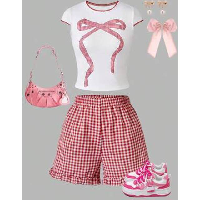 SHEIN 2 Pcs/Set Girls Bow Decor Fitted Short Sleeve Top And Plaid Shorts, Casual Daily And Holiday Outfit, Summer