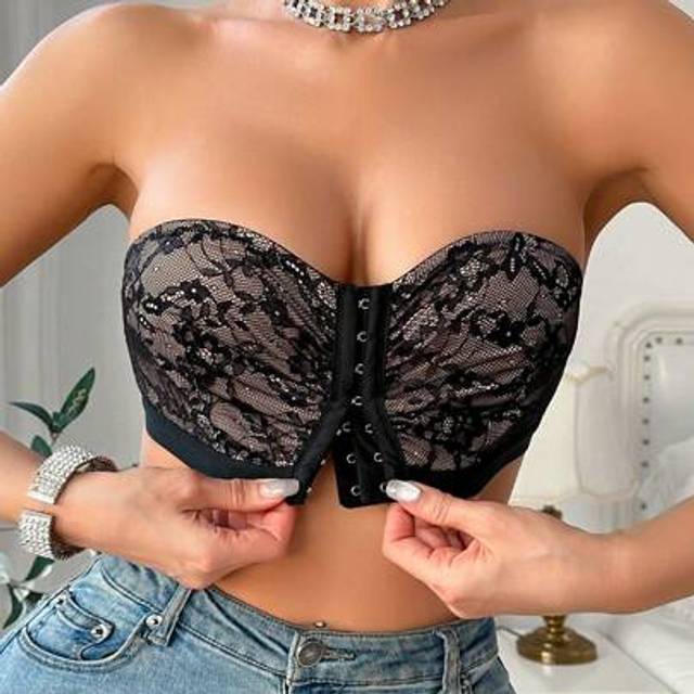 SHEIN Women&#39;s Strapless Lace Splice Mesh Bra