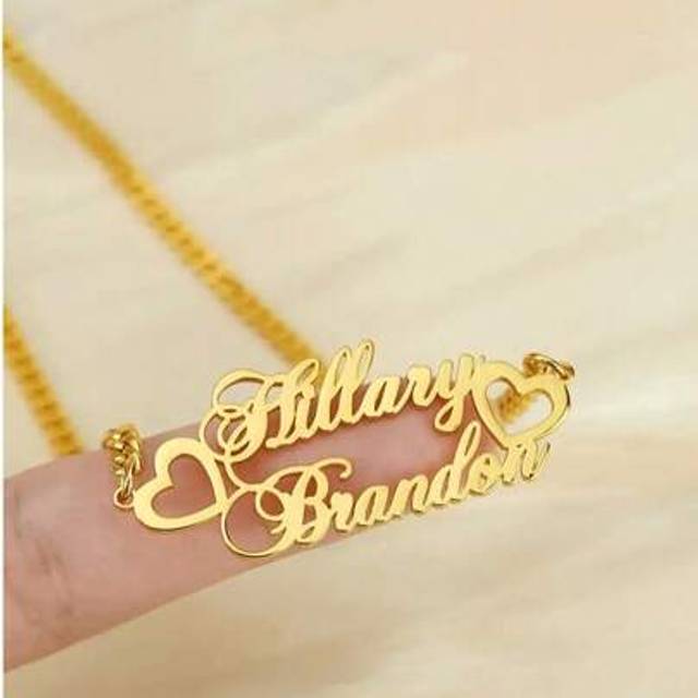 SHEIN [Customized Products]Custom Name Necklace Double Heart Nameplate Cuban Chain Personalized Custom Gold-Plated Double Name Necklace Jewelry Gifts