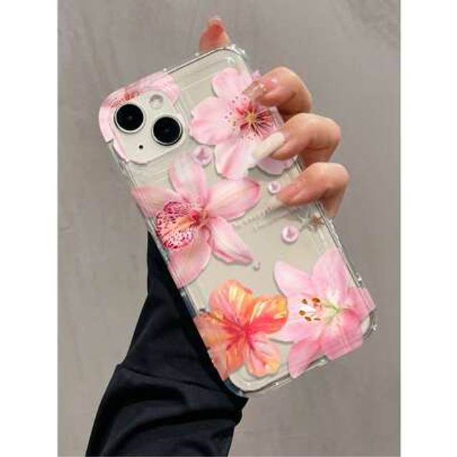 SHEIN 1pc Air Cushion Textured Pink Flower TPU Full Body Phone Case Cover For Apple IPhone 16 15 14 13 12 11 Pro Max, Series