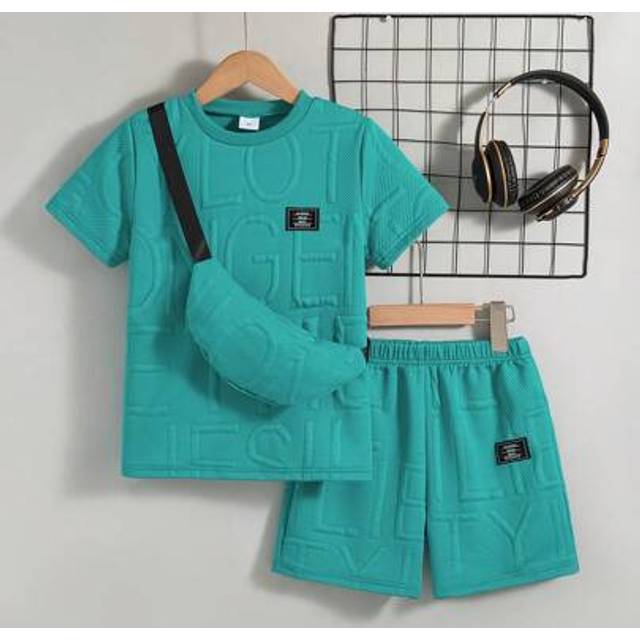 SHEIN 2pcs Toddler Boys Casual Outdoor Short Sleeve Solid Color Crew Neck T-Shirt And Shorts Set With Pouch, Summer