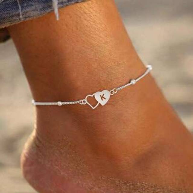 SHEIN 1pc Simple Classic Hollow Double Heart Initial Silvery Stainless Steel Bead Chain Anklets For Women