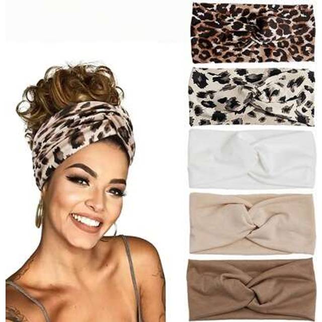 SHEIN 5pcs Women Yoga Headbands Wide Thick Elastic Bohemian African Solid Color Head Wrap Knot Leopard Print Headband Hair Band Turban Headband Sweatband, S