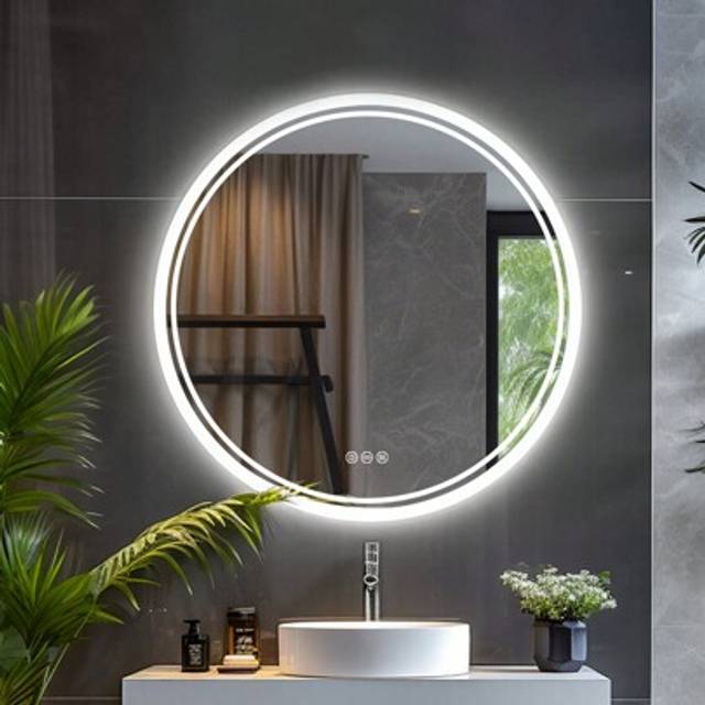 SHEIN Backlit Round Bathroom Mirror With LED Light, Illuminated Bathroom Mirror, Anti-Fog Circle Wall Mounted Vanity Mirror, 3-Color Dimmable LED Light