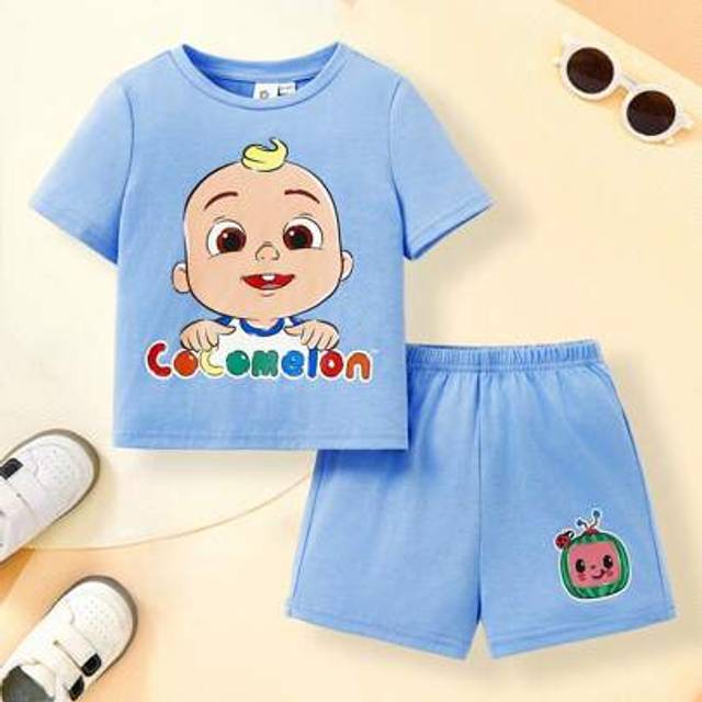 SHEIN Baby Boy Cartoon Print Blue Casual Sports Cute Round Neck Short Sleeve T-Shirt And Shorts Set
