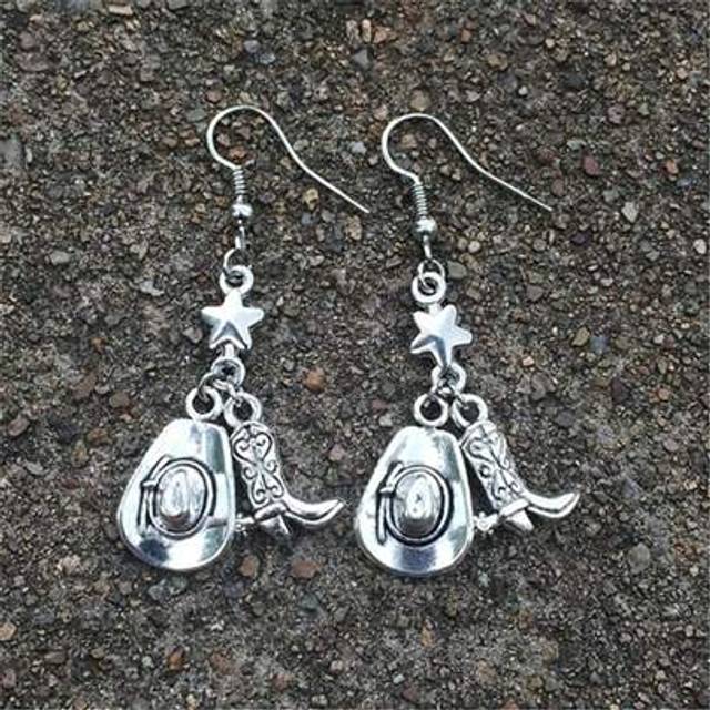 SHEIN 1 Pair Fashion Antique Silver Color Star Charm Cowboy Hat Boots Pendant Dangle Earrings For Women Punk Cool Cowgirl Jewelry Gifts
