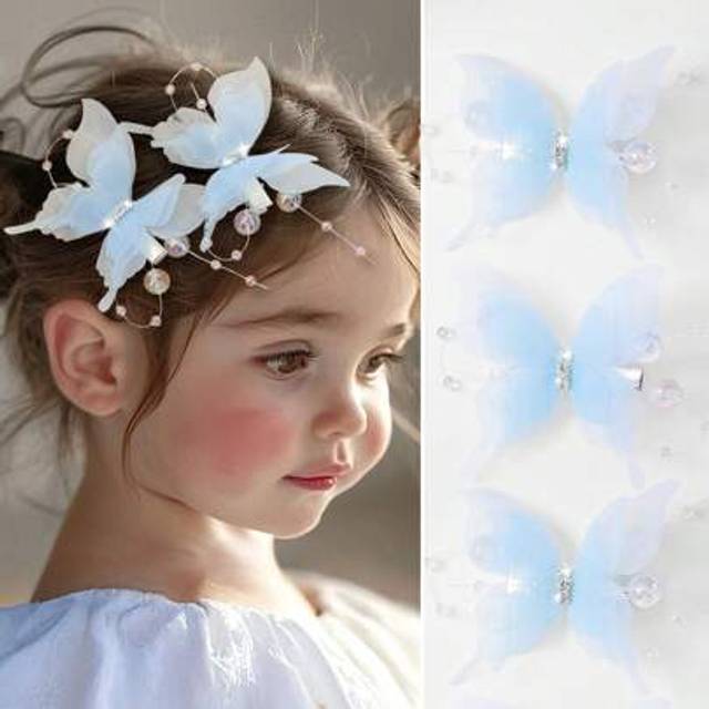 SHEIN 2 PCS Light Blue Rhinestone Mesh Butterfly Hair Clips For Baby Girls & Children, Mermaid Pearl Decor Cute Side Hair Clips For Daily Use