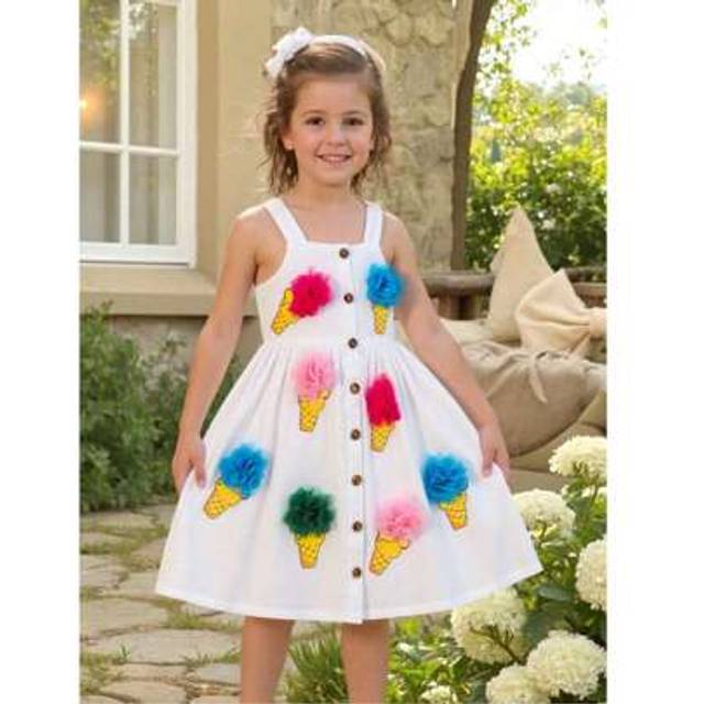 SHEIN Young Girl&#39; Cute Ice Cream Print Woven Spaghetti Strap Dress, Fresh White Color With 3D Flower Decor, Adorable & Unique, Suitable For Family Gathering