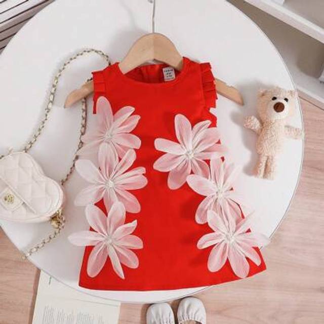 SHEIN Baby Girls Elegant Fashion Sweet Pink Dress With Apricot Flower Decor, Summer