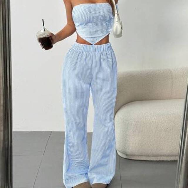 Flirla 2pcs Women Striped Crop Top And Pants Set