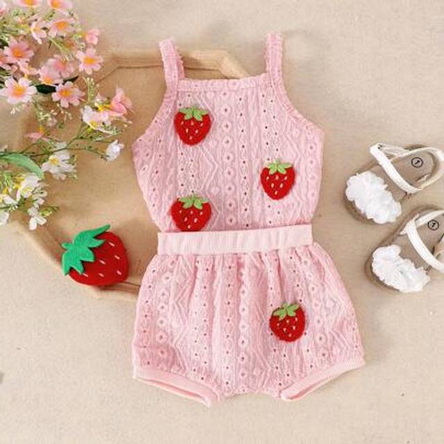 SHEIN 2pcs Baby Girls Cute Breathable Hollow Out Sling Romper + Shorts Set, Lightweight Summer