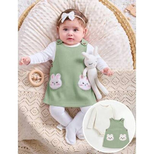 SHEIN Newborn Baby Girl Cute Cartoon Print Knit Long Sleeve Top And Dress 2 Pieces Set, Casual