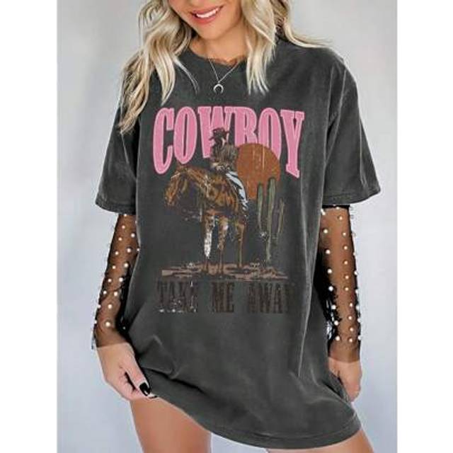 SHEIN Plus Size Western Style Cowboy Print Loose Fit Drop Shoulder Short Sleeve T-Shirt