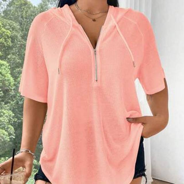 Flirla Plus Size Solid Color Half Zip Hooded Short Sleeve T-Shirt, Suitable For Summer