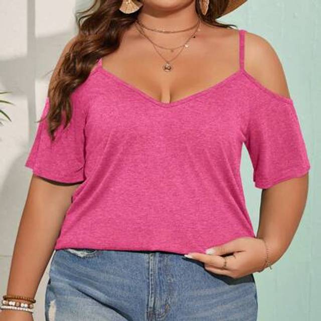 SHEIN Plus Size Olive Green Cold Shoulder Neckline Casual Summer T-Shirt Country Concert Tops