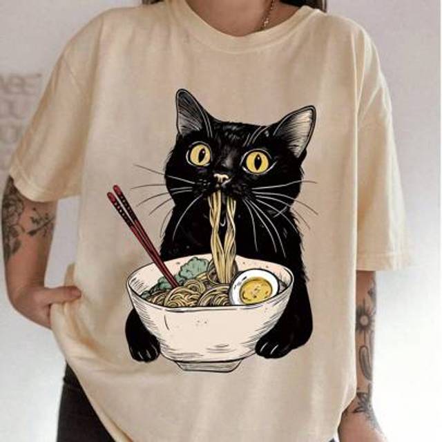 SHEIN Teen Girl Black Cat Ramen Noodle Print T-Shirt/Loose Casual Top, Spring/Summer