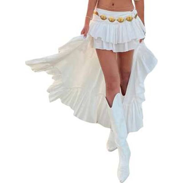 SHEIN Womens White Boho Skirt Elastic Band Waist Flowy Skirt Irregular Ruffle Asymmetrical Midi Skirt