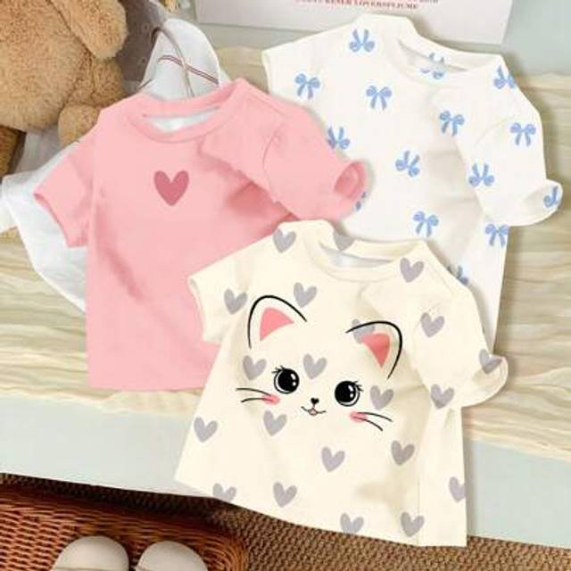 SHEIN 3-Pack Baby Girls Casual Cute Cat, Mini Heart, Blue Butterfly Print Round Neck Short Sleeve T-Shirts, Suitable For Spring/Summer