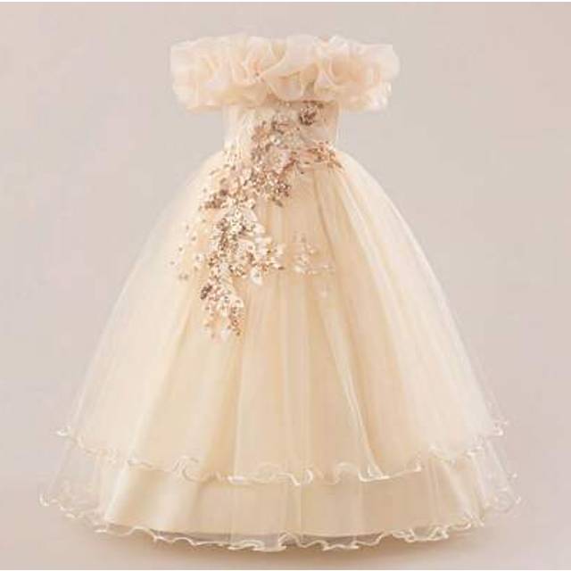 SHEIN Tween Girl Luxurious Multi-Layer Tulle Puffy Sequins Flower Decor Off Shoulder Princess Dress, For Children, Wedding, Birthday, Holiday, Stage Perform