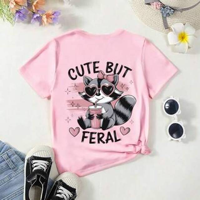 SHEIN Young Girl&#39; Casual Cute Raccoon Heart & Letter Print Short Sleeve Round Neck T-Shirt, Spring & Summer