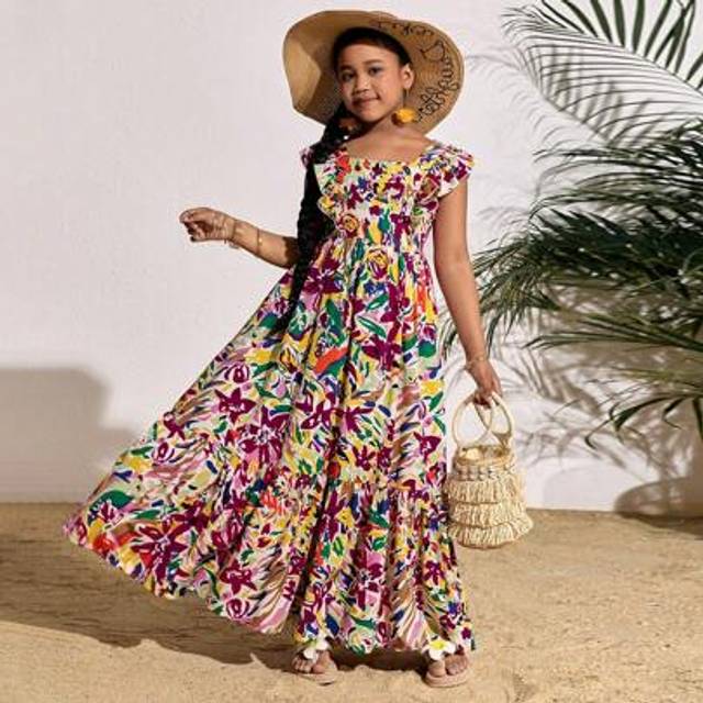 SHEIN Tween Girls&#39; Casual Fashion Woven Solid Color Open Back Sundress