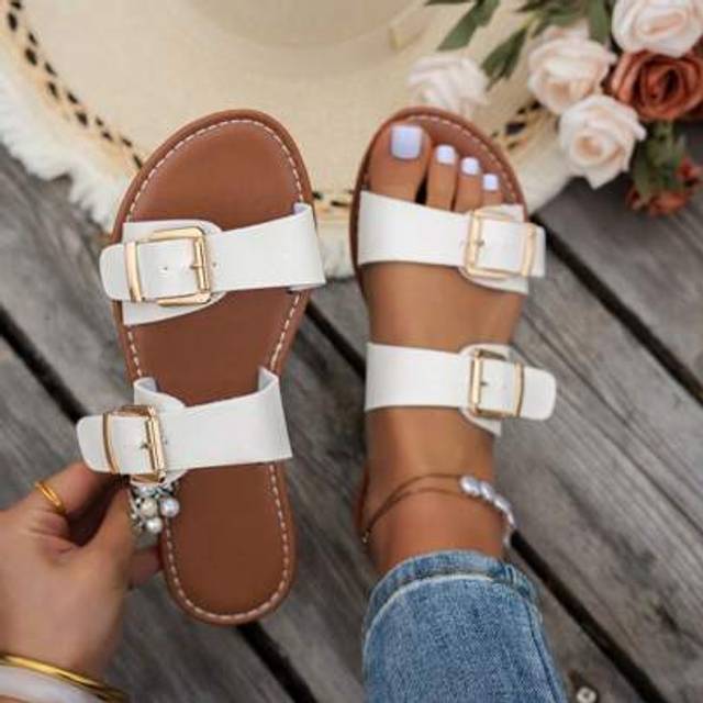 SHEIN 2025 New Retro Buckle Decorated Open Toe Flat Sandals, Summer Beach Wear