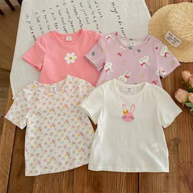 SHEIN 4pcs Baby Girls Cute Cartoon Striped Short Sleeve Knit Tops Set, Summer