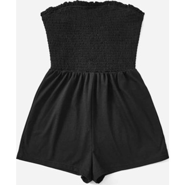 SHEIN Women&#39;s Plus Size Black Romper For Daily Casual Wear, Summer, With Ruffle Trim And Bandeau Neckline