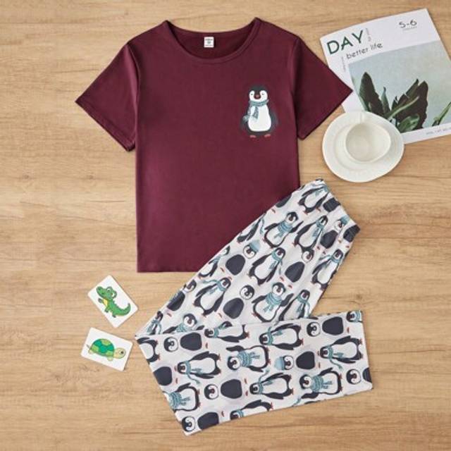 SHEIN Teen Girls Penguin Print Pajama Set, Round Neck Short Sleeve Top And Long Pants, All Season