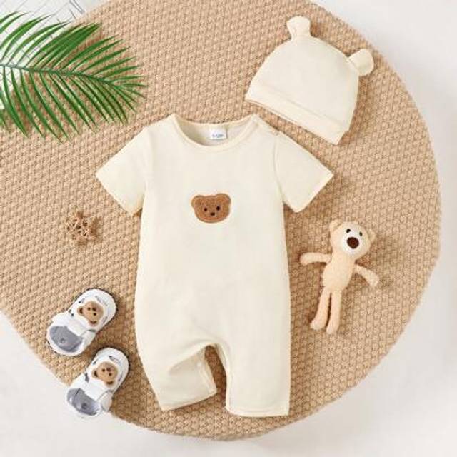 SHEIN Cute Infant Baby Boy Summer Short Sleeve Simple Bear Embroidery Romper + Ear Hat Set