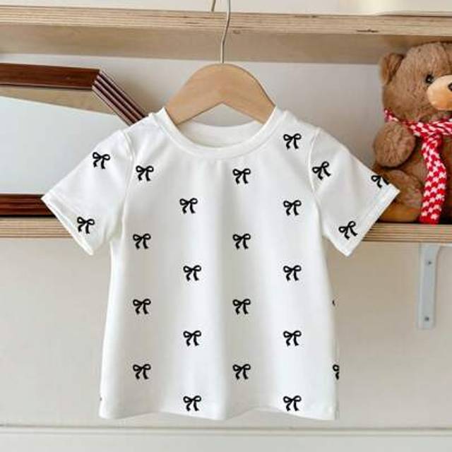 SHEIN Cute Bow Print, Baby Girl Casual Minimalist Short Sleeve Crew Neck Top, Suitable For Summer