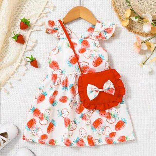 SHEIN Baby Girl Spring Strawberry Allover Print Slip Dress With Cap Sleeve & Small Backpack