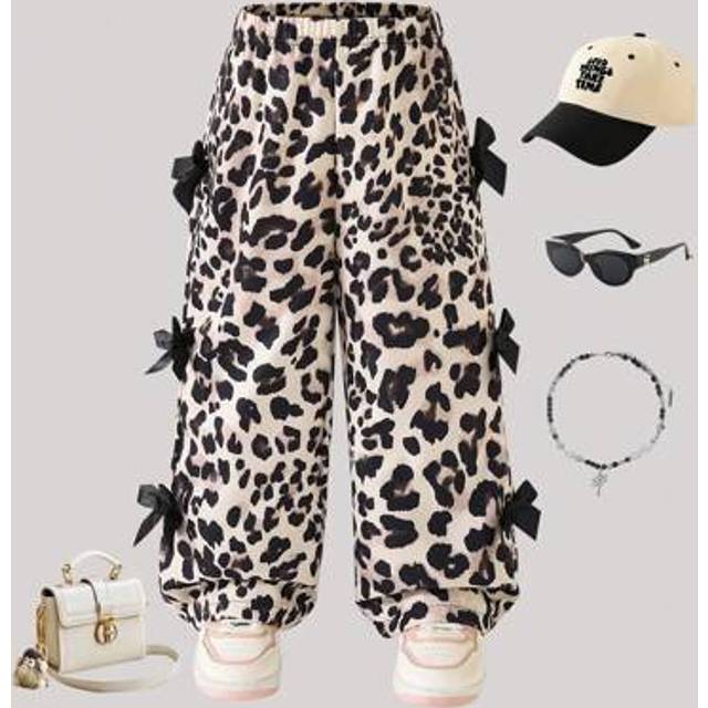 SHEIN Young Girl Spring/Summer Straight Leg Pants, Leopard Print & Bow Decor, Casual Loose Wide-Leg Trousers