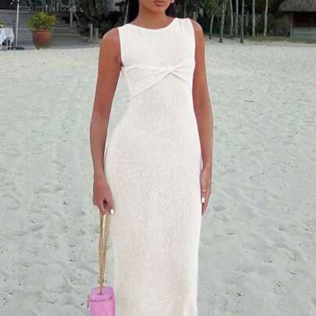 SHEIN Summer Women&#39;s Vacation Style Solid Color Sexy Semi-Sheer Sleeveless Tight Wrap Knit Beachwear Sleeveless Long Dresses