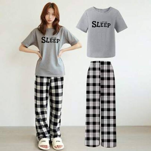 SHEIN Teen Girls 2 Pieces Pajama Set, Floral Print Top With Letter Graphics, Classic Black/White Plaid Pants, Casual Sleepwear