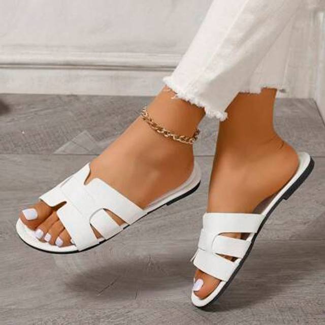 SHEIN Women&#39;s Summer New Round Toe Flat Non-Slip Wear-Resistant H-Shaped Woven Strap Hollow Open Toe Flat Sandals, Suitable For Dresses, Leggings, Casual Pa