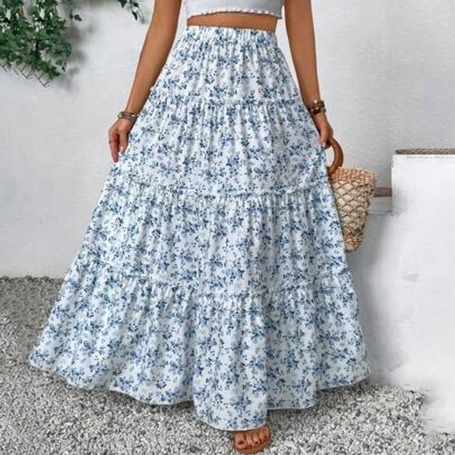 SHEIN Teen Girl Blue Ditsy Floral Long Skirt, Suitable For Spring/Summer, Resort Style