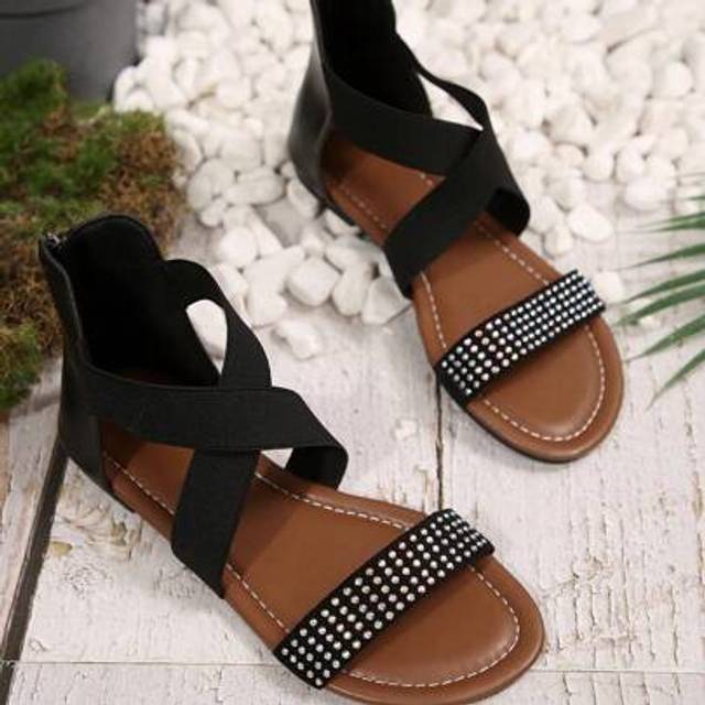 SHEIN 2024 Newest Fashion Floral Embellished Solid Color Flat Roman Sandals For Women