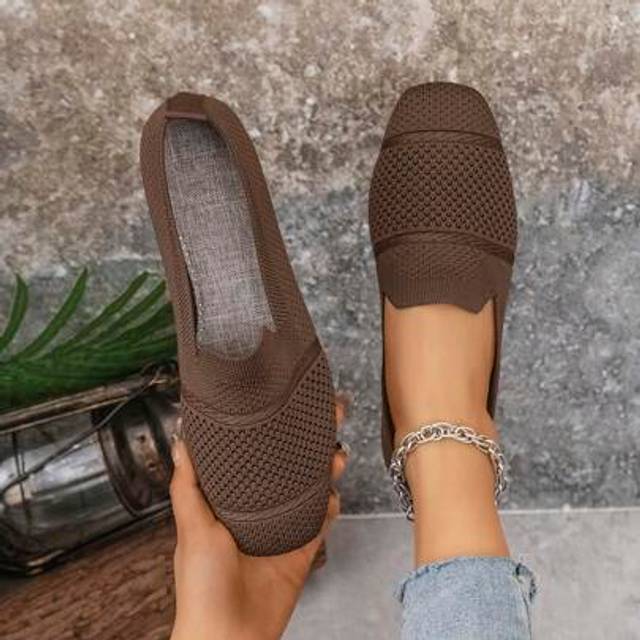 SHEIN Women&#39;s Knitted Flat Shoes Comfortable Square Toe Loafers, Breathable Spring Autumn Mother Shoes
