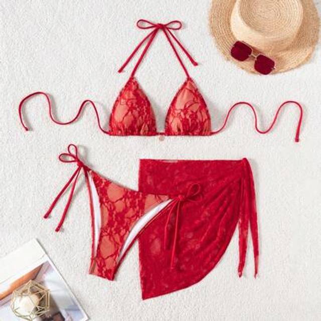 SHEIN 3pcs Set Women Lace Halter Swimwear + Triangle Bikini Bottom + Skirt