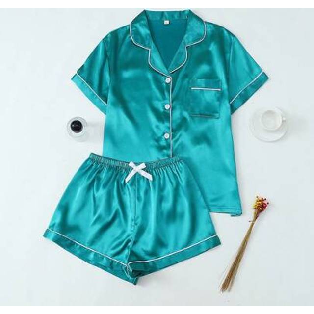 SHEIN 2pcs Satin Pajama Set, Short Sleeve Lapel Top & Bowknot Shorts Women Sleepwear Loungewear