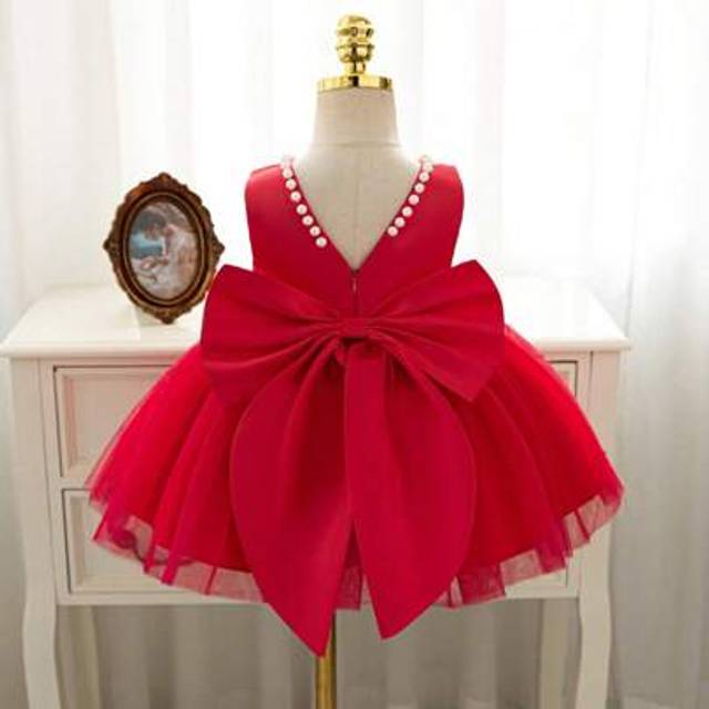 SHEIN Christmas Princess Girls Tulle Dress Flower Girl Dress For Party Wedding Pageant Prom Dress, Pink Puff Dress With White Beaded V-Back Big Bow Princess