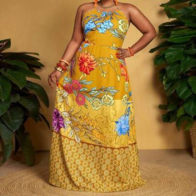 Slaydiva Plus Size Women Vintage & Elegant Tie-Strap Open Back Floral Print A-Line Sundress