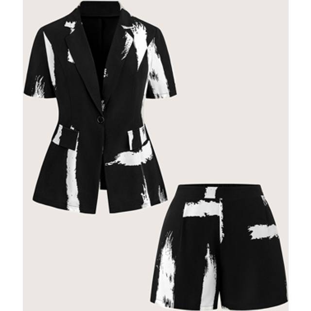 SHEIN Plus Size Women&#39;s Spring/Summer Ink Print Casual Suit - Thin Jacket & High Waisted Wide Leg Shorts, Office Wear