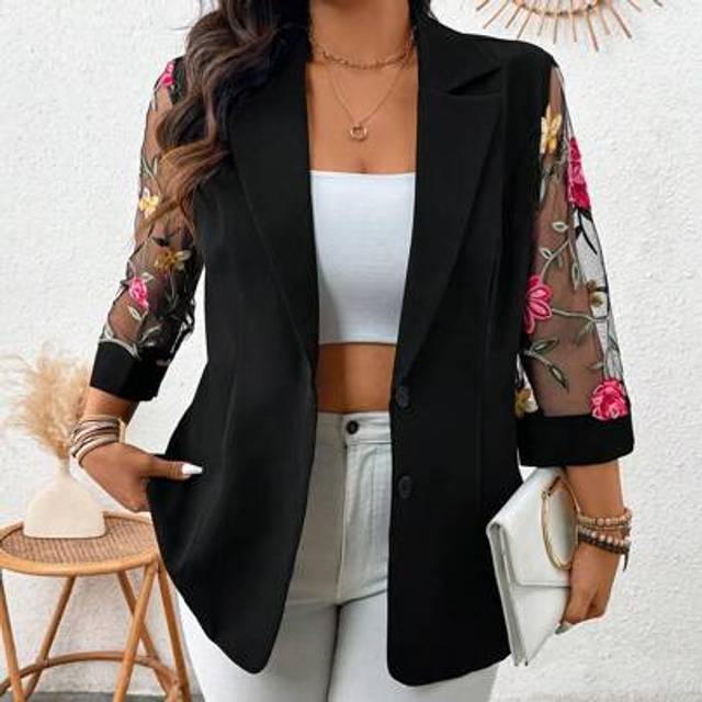 Flouryn Plus Size Women Blazer, See-Through Jacquard Mesh Fabric Patchwork, Slightly Tailored Waist, Open Front Button Closure, Minimalist Fashion Versatile S