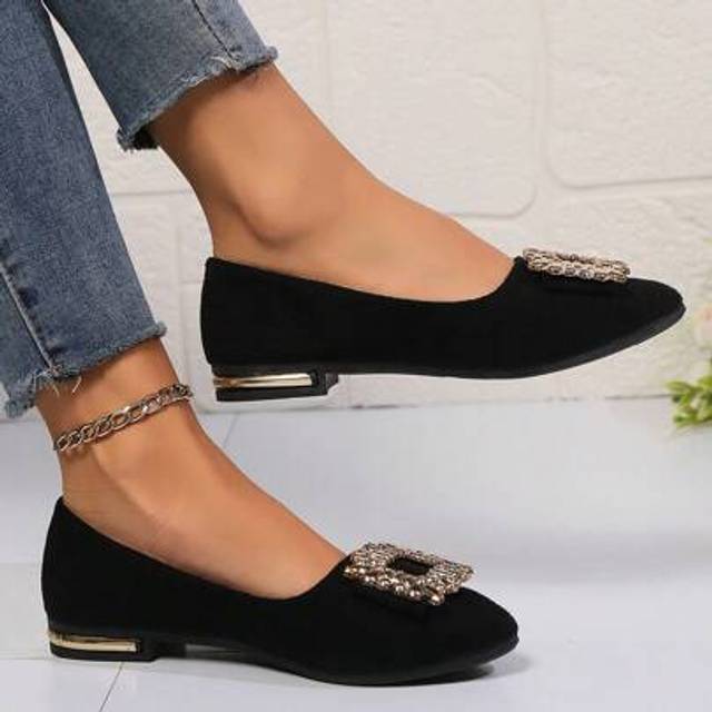 SHEIN Women Flat Pointed Toe Slip-On Loafers, New Soft Sole Low Heel Office Work Non-Slip Casual Shoes, Fashion Rhinestone Black Lightweight Solid Color Bre