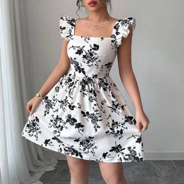 Airlisse Women Boho Style Random Printed Cap Sleeve Floral Print Dress For Vacation Beach Outfit
