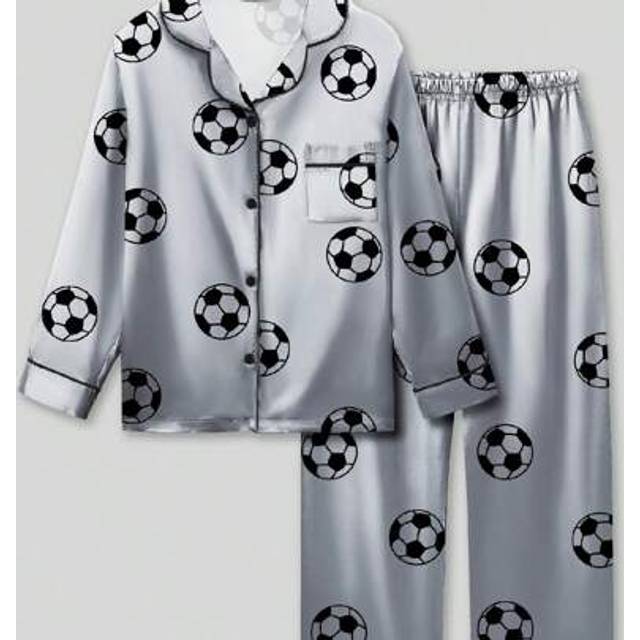 SHEIN 2pcs/Set Tween Boys&#39; Football Print Long Sleeve Pajama Set